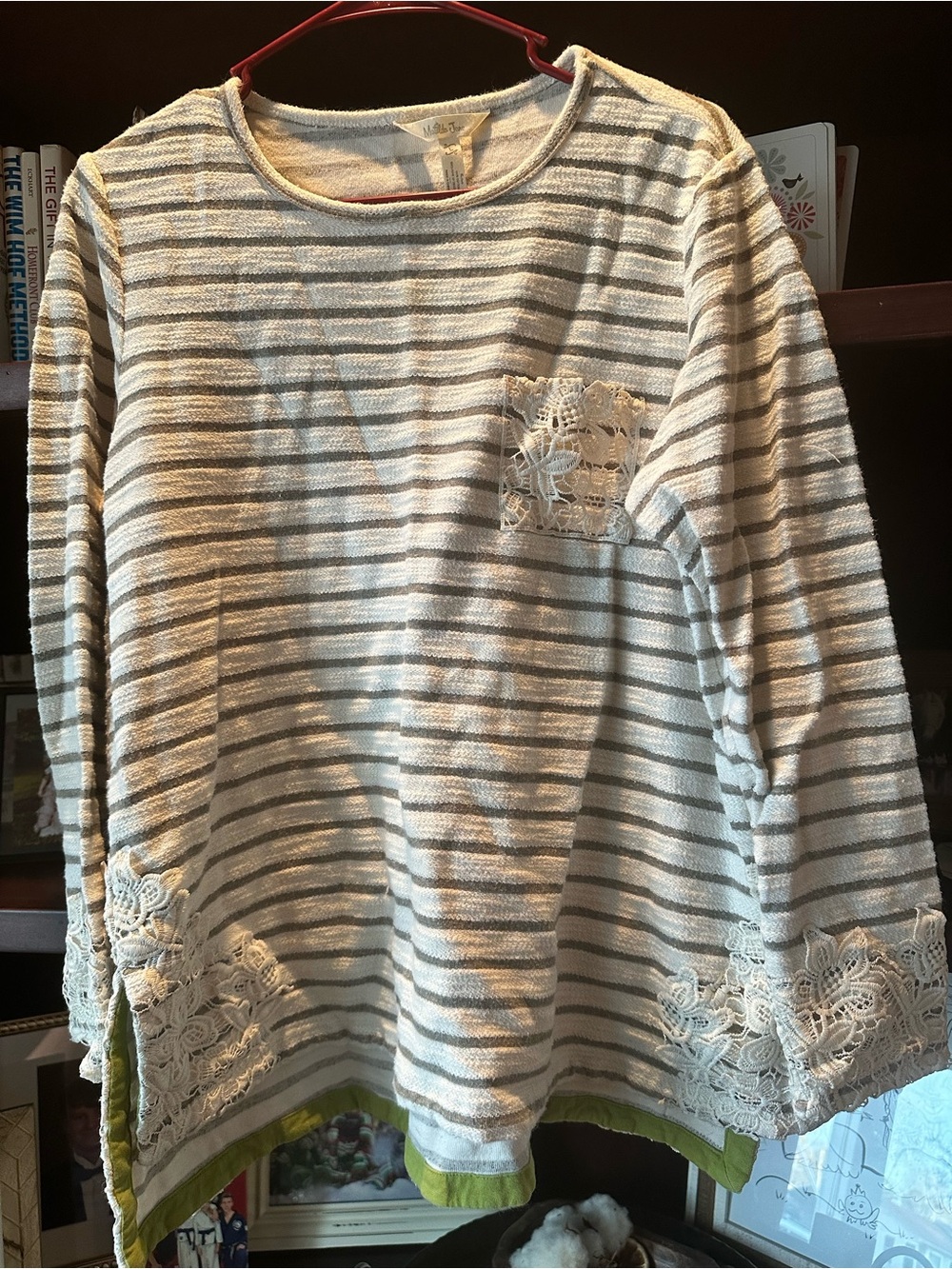 Matilda Jane Cream and Gray Striped Knit Top with Subtle Green Detail